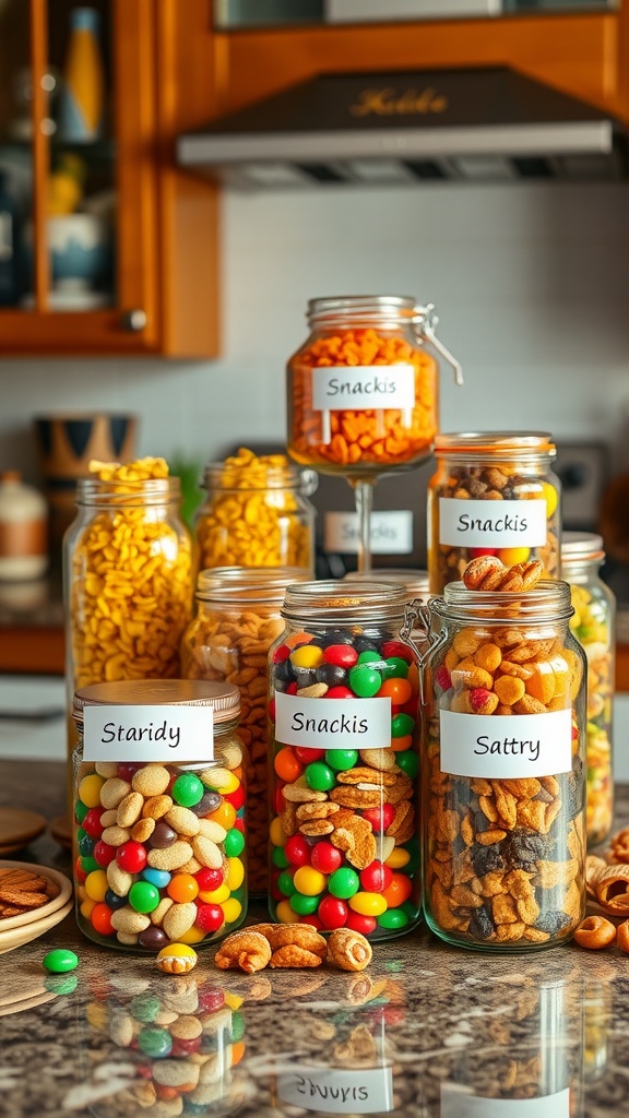 A variety of snack jars filled with colorful treats displayed on a kitchen counter.